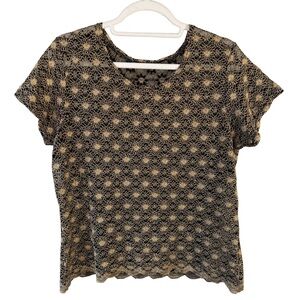 Reitmans Black and Metallic Gold Short Sleeve Sheer Lace Top Size L XL Evening